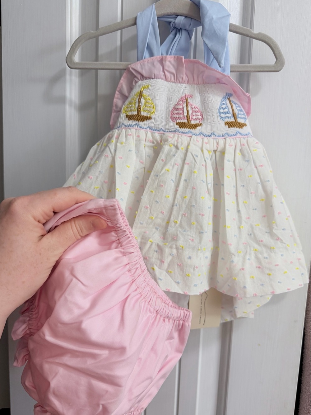 Smocked Sailboat Halter Dress with Pink Bloomers - White, Pink & Blue